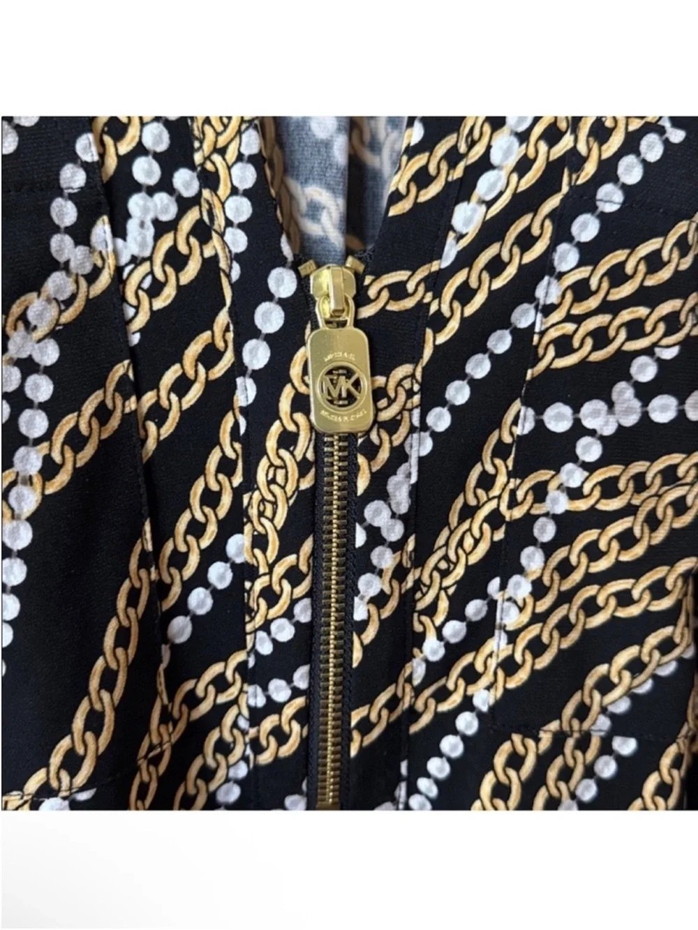 Michael Kors Top Blouse Sz XXL Zip Up Logo MK  Black Gold Chain Pearl Print